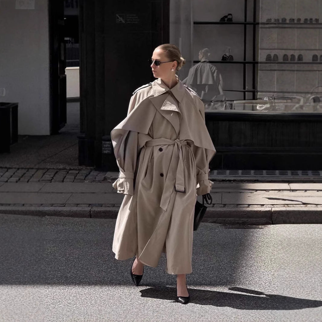 Long Khaki Belted Cape Trench Coat With Dramatic Length