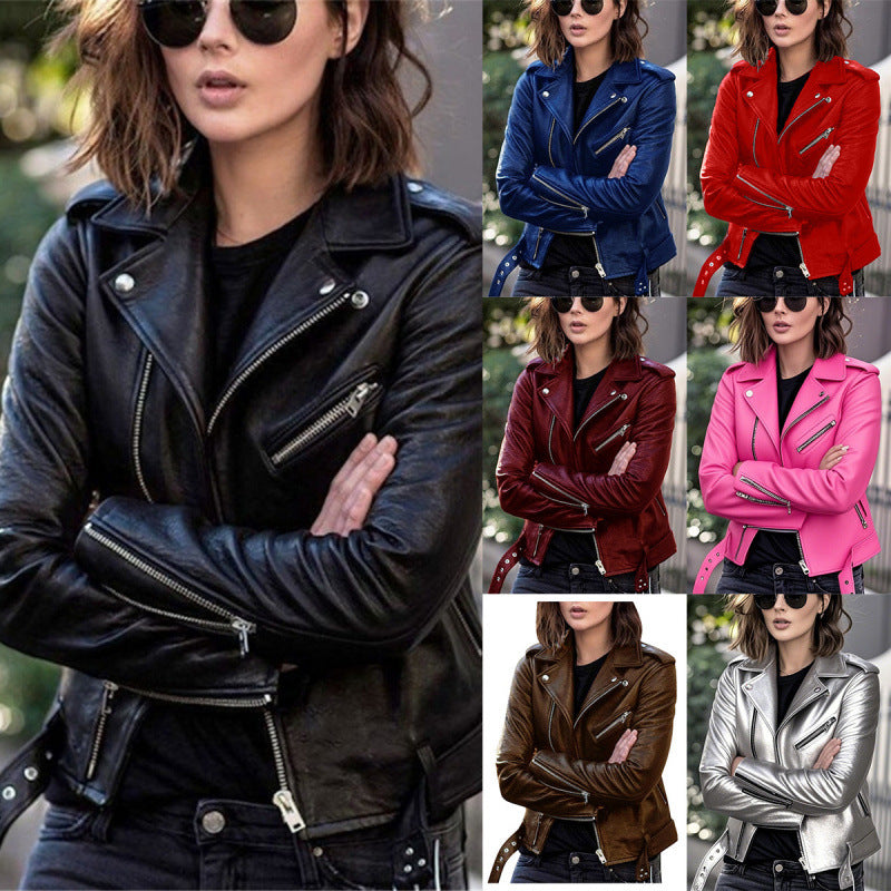 Slim Rivet-Detail Short PU Leather Jacket For Women