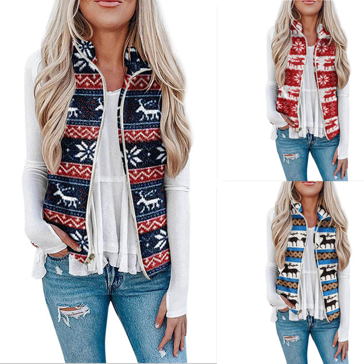 Women's Christmas Plush Vest Holiday Printed Cozy Layering Top