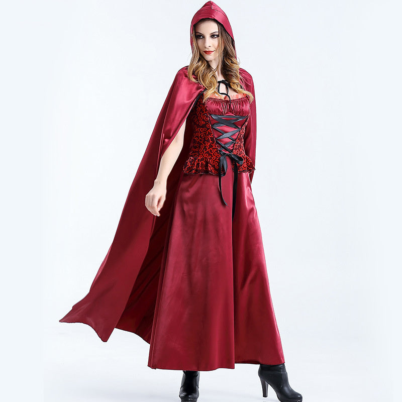 Black and Red Corset Dress with Hooded Cloak Halloween Costume-Theone Apparel