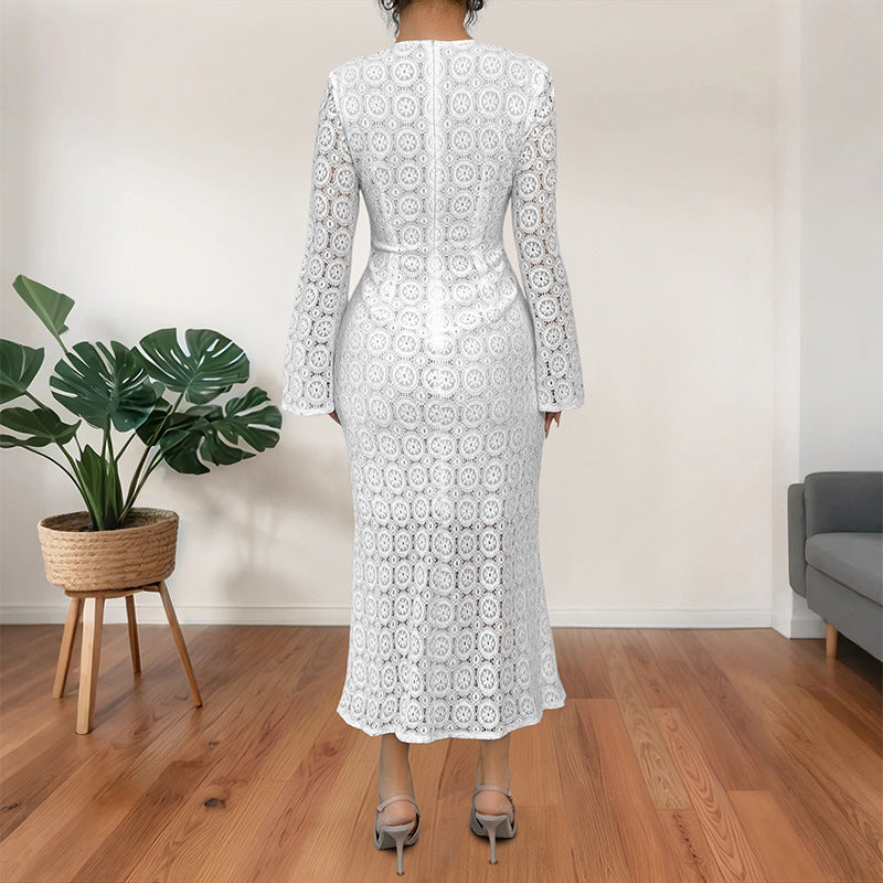 Elegant Lace Fishtail Dress with Alluring Flared Slim Silhouette-Theone Apparel