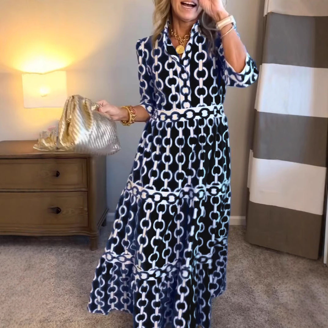Geometric Print Maxi Dress with Round Neck for Spring & Summer-Theone Apparel