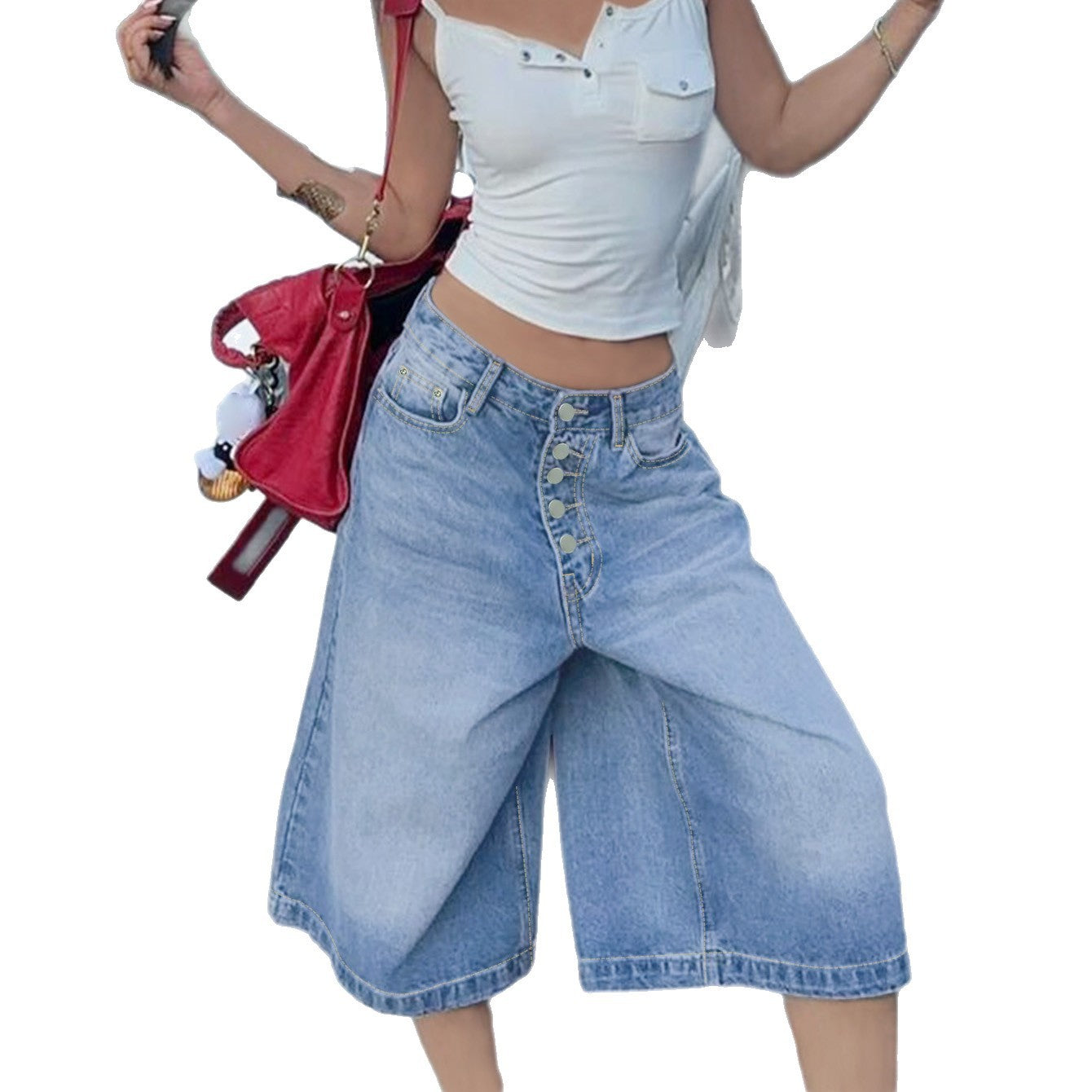 High-Waisted Multi-Breasted Denim Shorts with Modern Edge-Light Blue-Theone Apparel