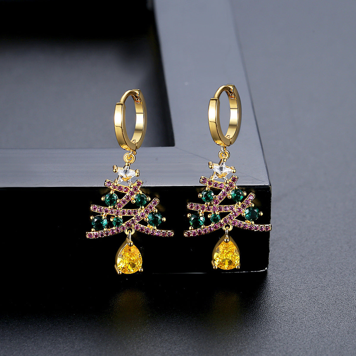 Modern Christmas Tree Dangle Drop Earrings with Multiple Colored Jewels-Gold-Theone Apparel