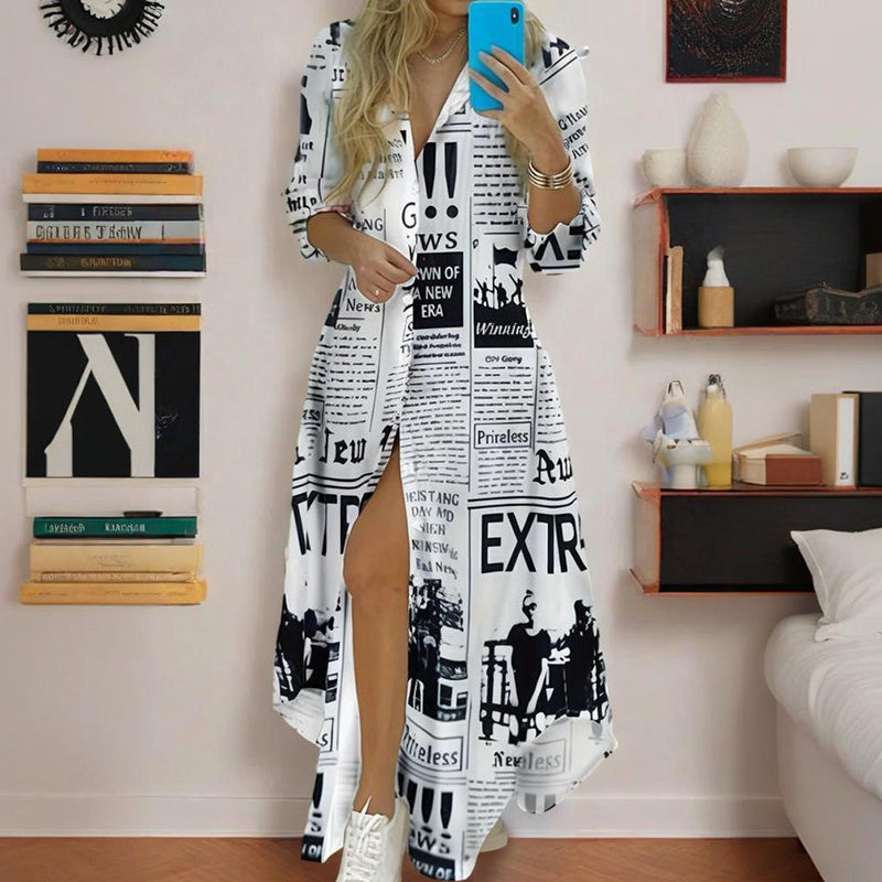 Newspaper Print Shirt Dress with Relaxed Button-Down Appeal-Theone Apparel