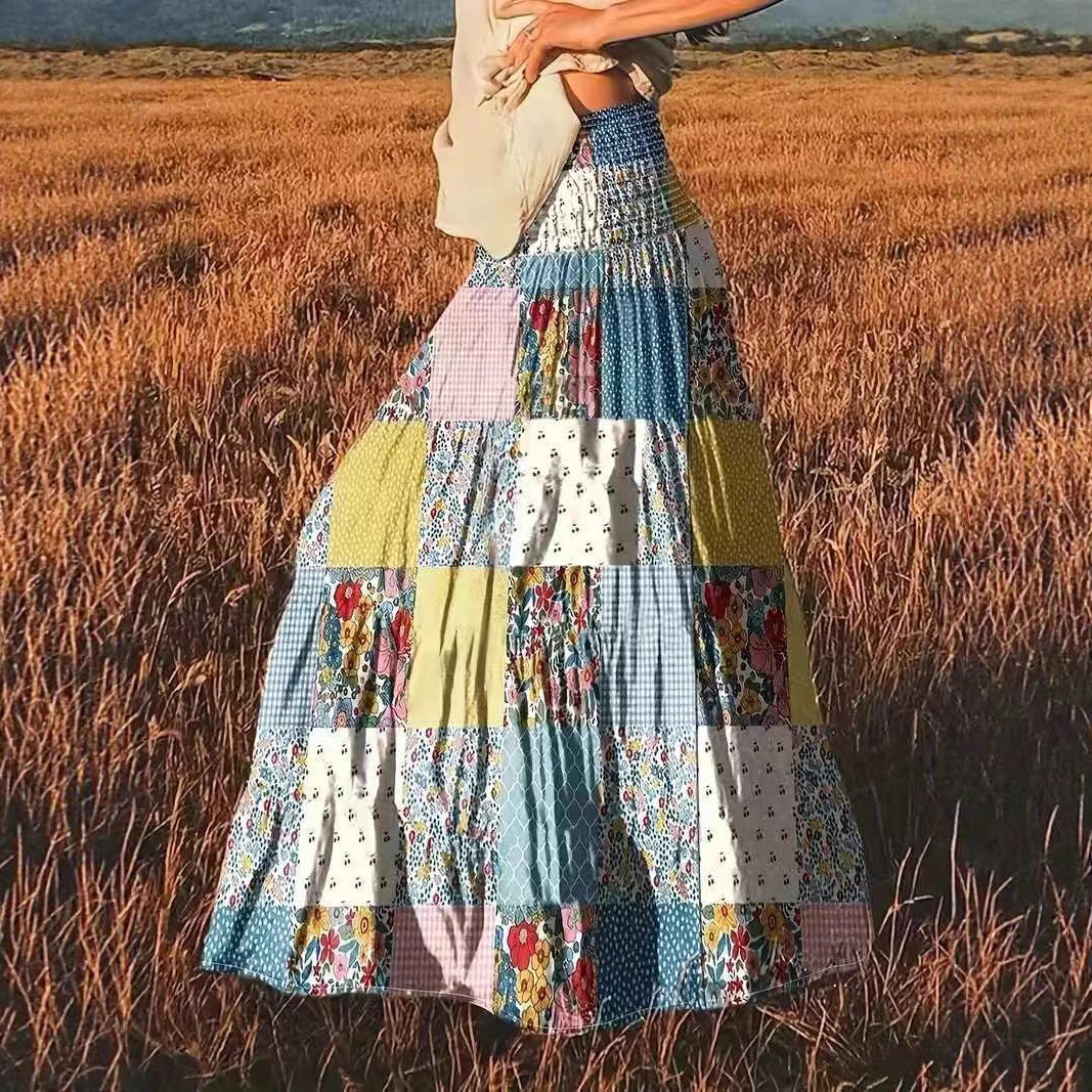 Printed Stitching Floral Long Skirt For Popular Everyday Wear-Theone Apparel