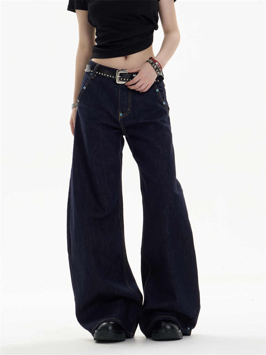 Retro Dark Blue Straight Jeans with Loose Wide-Leg Fit-Theone Apparel