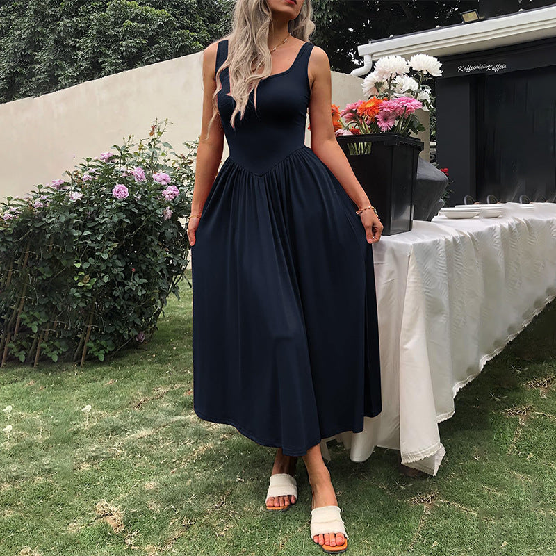 Square Collar Pleated Dress with Modern Sling Silhouette-Theone Apparel