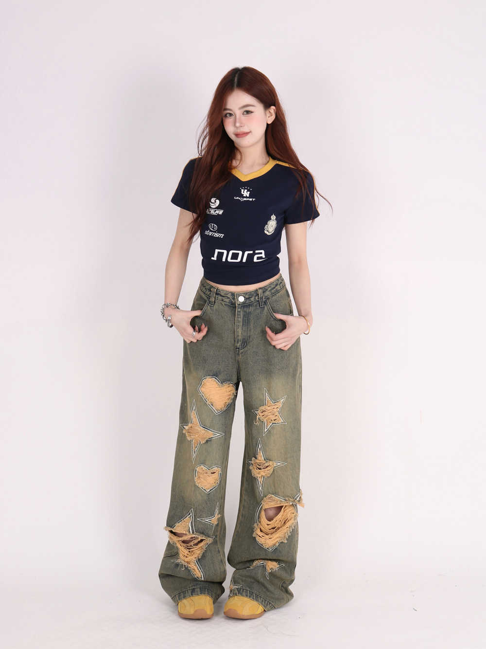 Tattered Wide-Leg Jeans with Retro Love Patchwork-Theone Apparel