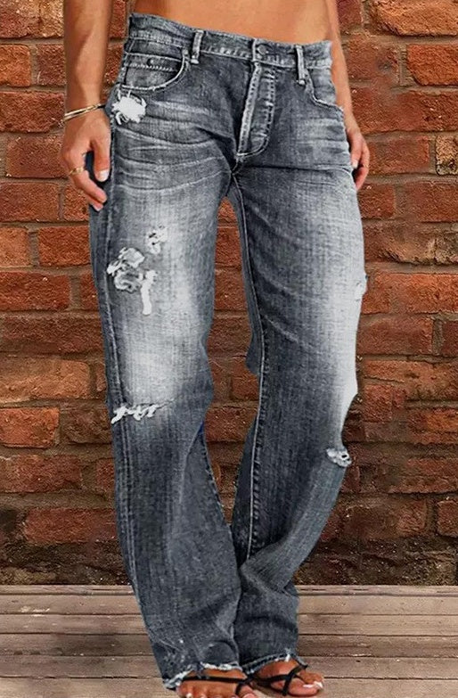 Unisex Loose Straight-Leg Ripped Denim Jeans for All Genders-Theone Apparel