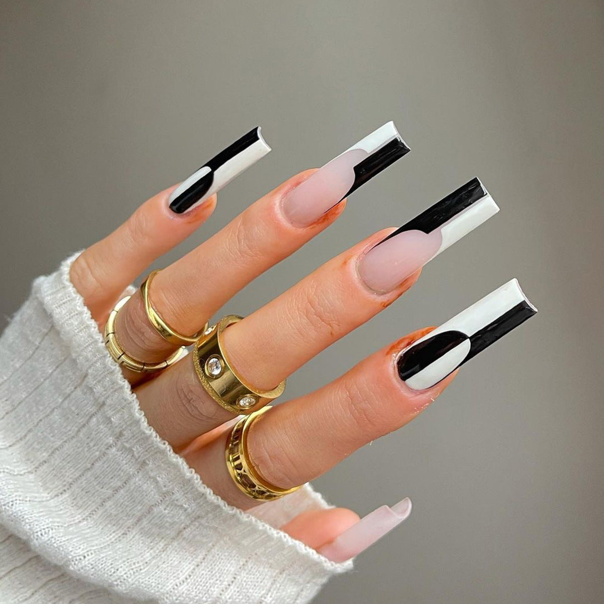 Women's Retro Long Square Black and White Asymmetrical False Nail Set-24 Pcs-Theone Apparel