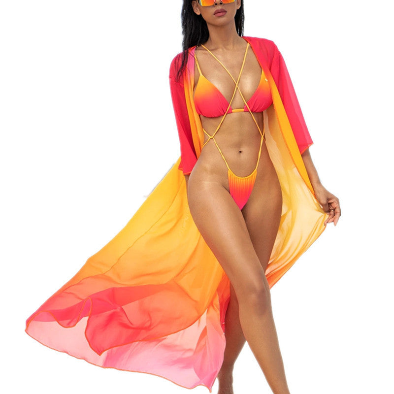 Women's Three Piece String Bikini Set with Duster Swimsup Cover-Theone Apparel