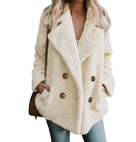 Plush Button Lapel Pocket Coat Women's Autumn Winter Warm Jacket