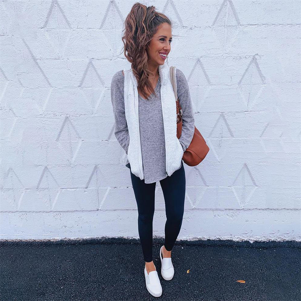 Teddy Plush Zip-Up Loose Fit Warm Pocketed Sleeveless Vest