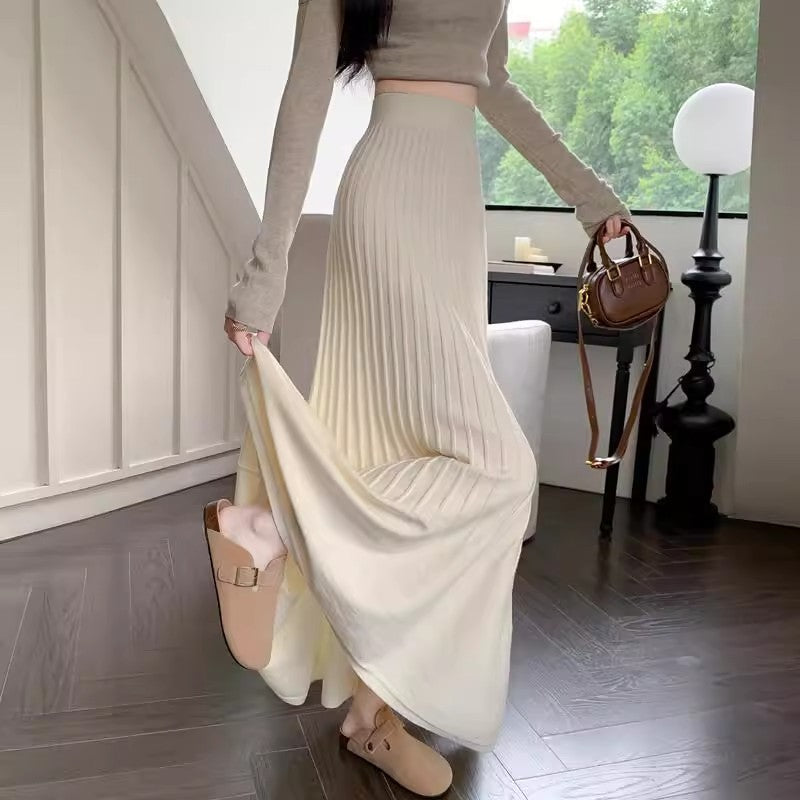 High Waisted Knitted Pleated Midi Skirt For Slimming Fit