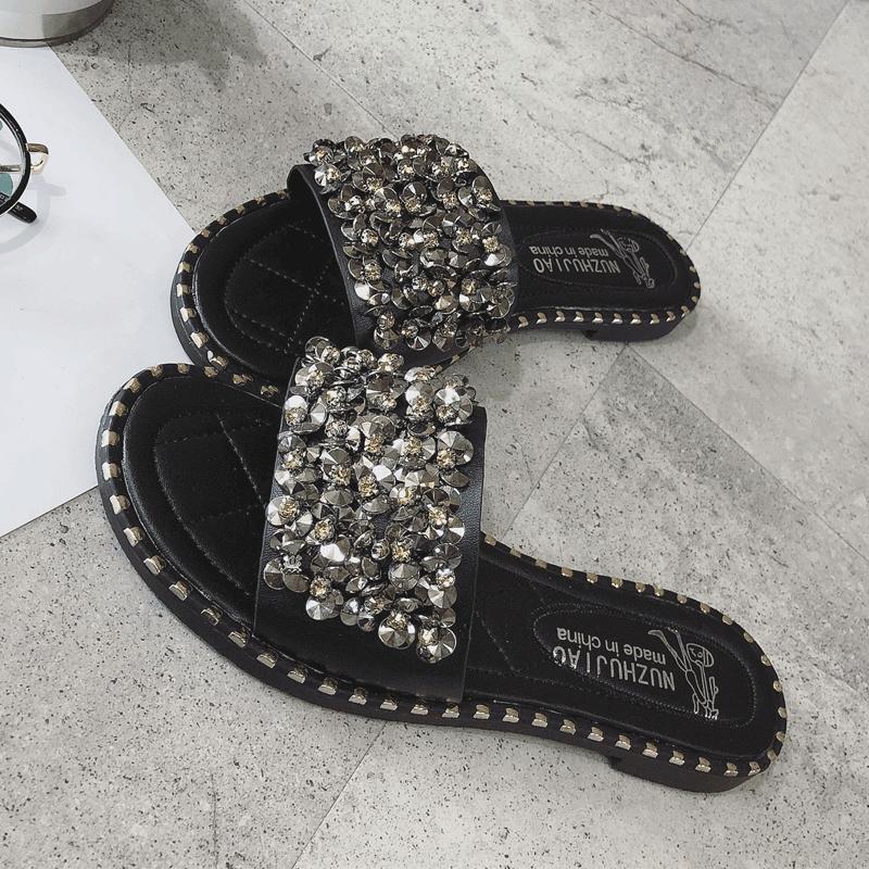 Pearl Encrusted Stud Trim Slippers-Theone Apparel