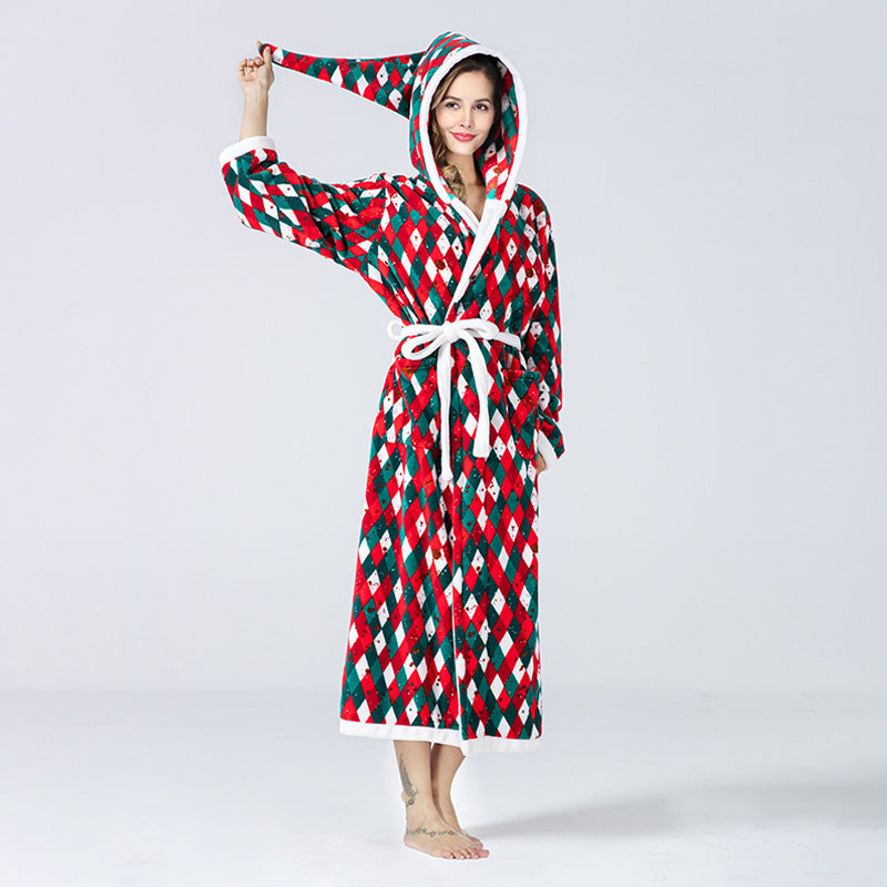 Cute Women's Red White and Green Christmas Themed Robe with Hood