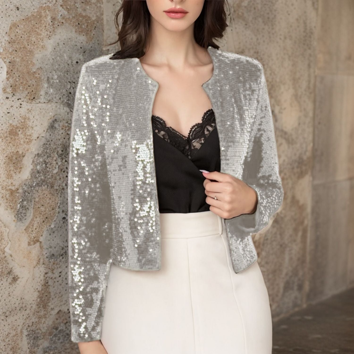 Crew-neck Long-sleeve Solid-color Cardigan Casual Sequin Jacket