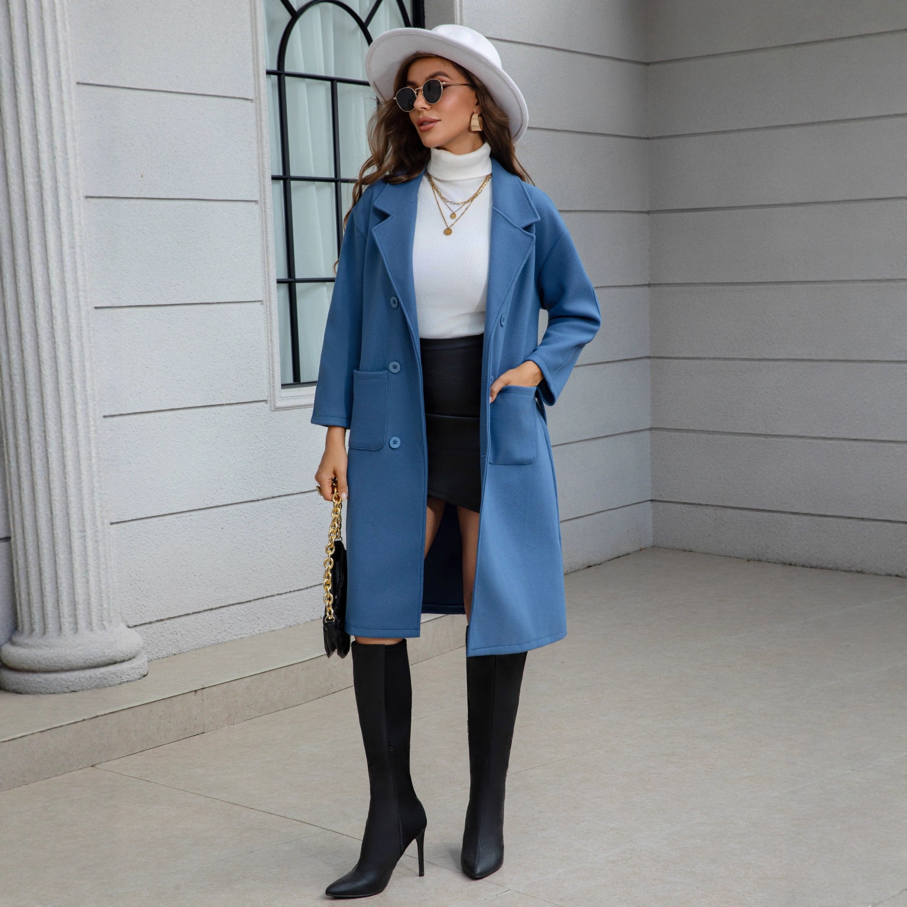 Blue Waist-tie Mid-length Women's Wool Coat