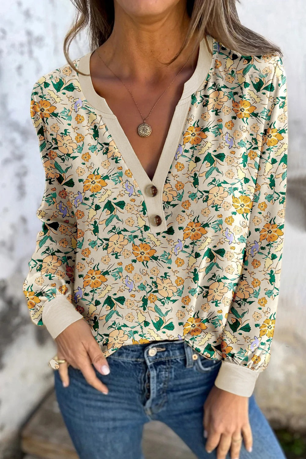 Khaki Floral Print Button Notched V Neck Long Sleeve Top