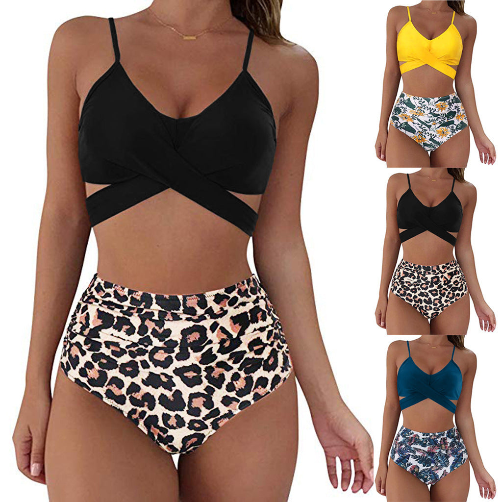 Women's Two Piece Bikini With High Waist Animal Print Bottoms