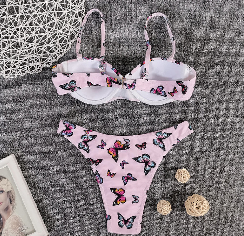 Women's Two Piece Pink Butterfly Print Bikini Set