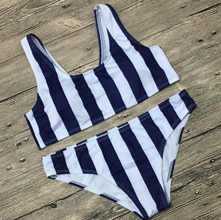 Women's Two Piece Black and White Stripe Bikini Set