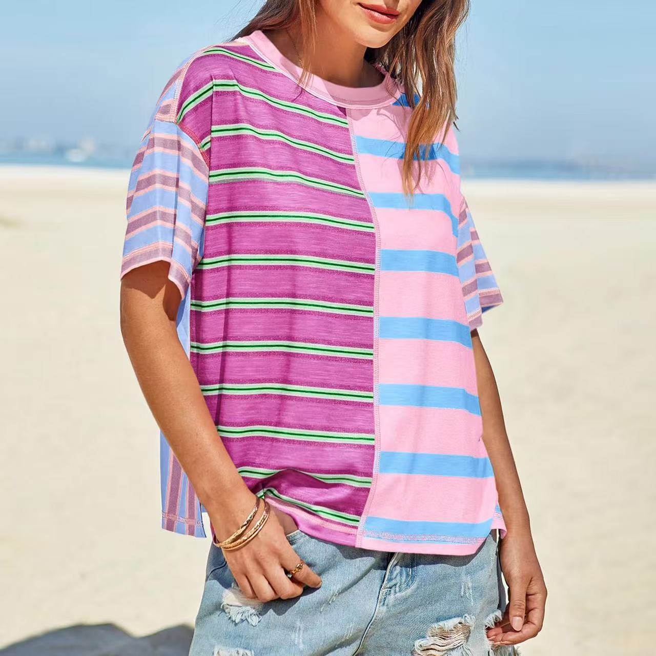 Women's Striped Casual Loose-fitting Short-sleeve Shirt