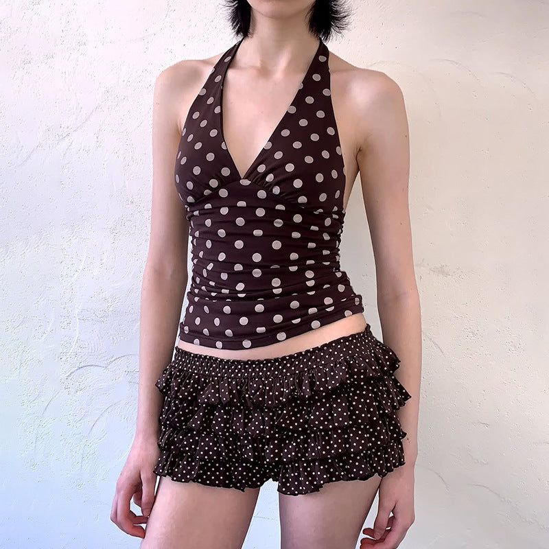 Sexy Black Polka-Dot Printed All-Match Backless V-Neck Halter Neck Bodycon Tank Top