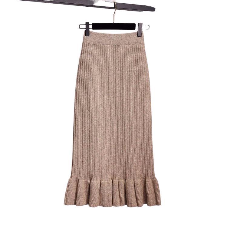 Slim Fit Lace Hem Knitted Pencil Skirt Mid Length