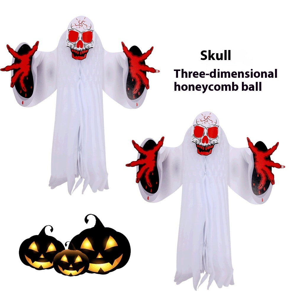 Whimsical Sheet Ghost Halloween Decoration with Red Skull and Hands