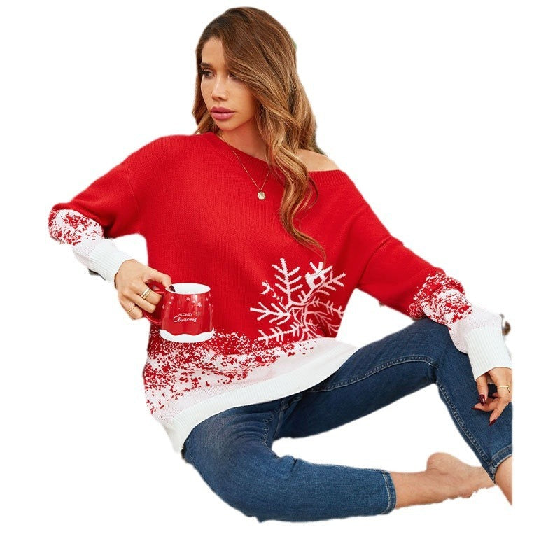 Cute Long Sleeve Slouchy Red Sweater with White Snowflake Details