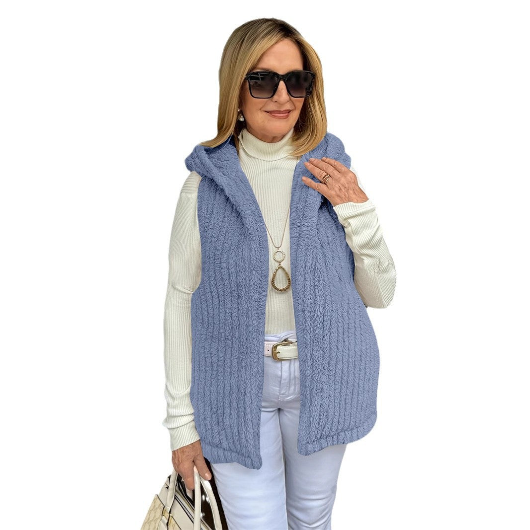 Women's Solid-Color Casual Fuzzy Hooded Vest Sleeveless Jacket