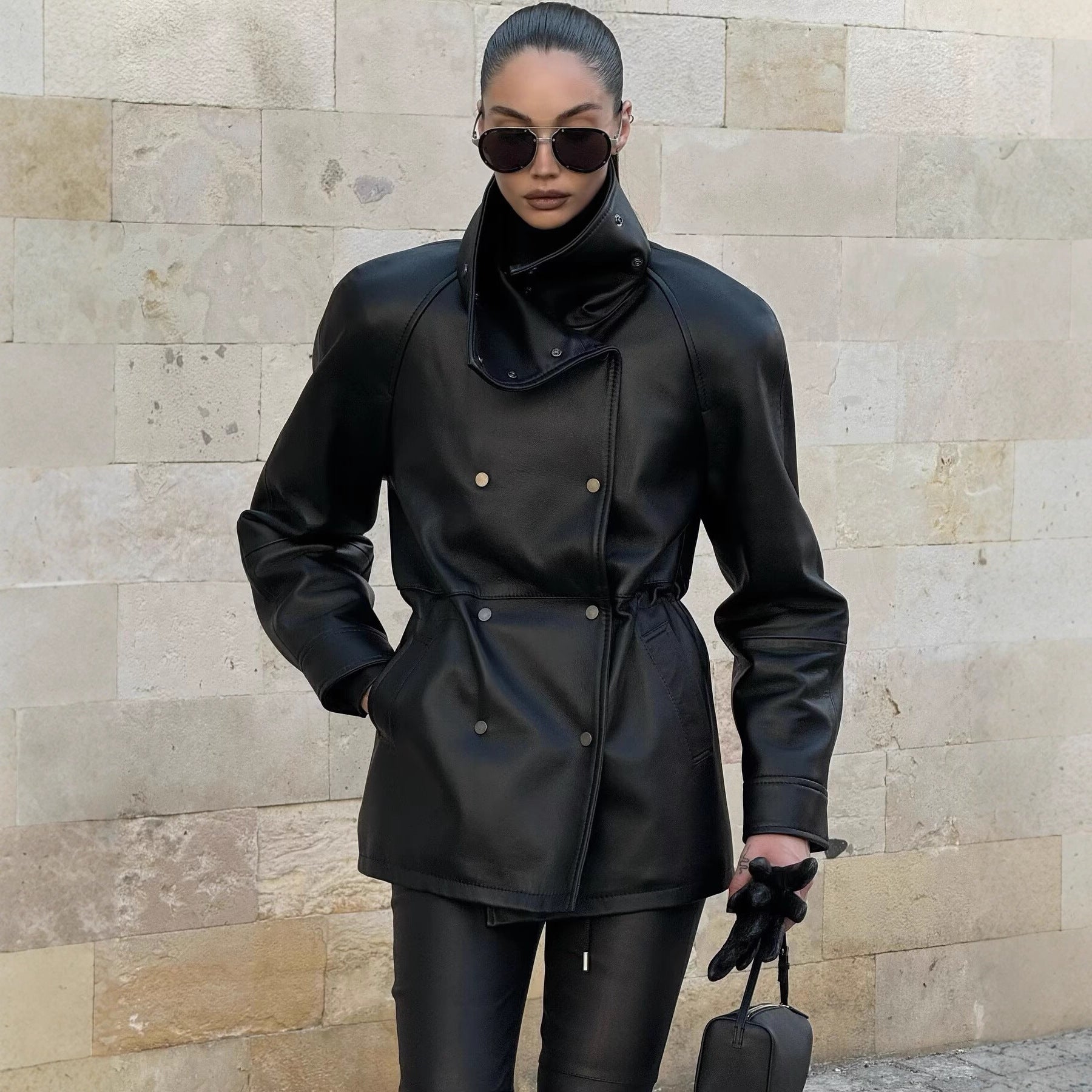 Women's Fashion Black Mid-length Leather Jacket