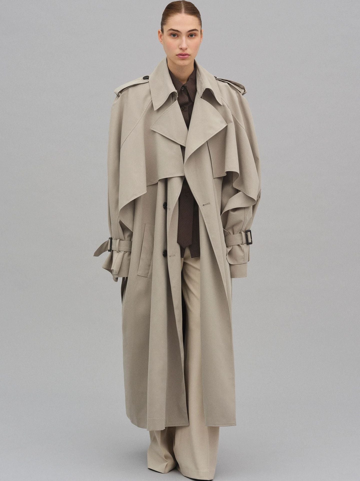Women's Long Khaki Belted Cape Trench Coat
