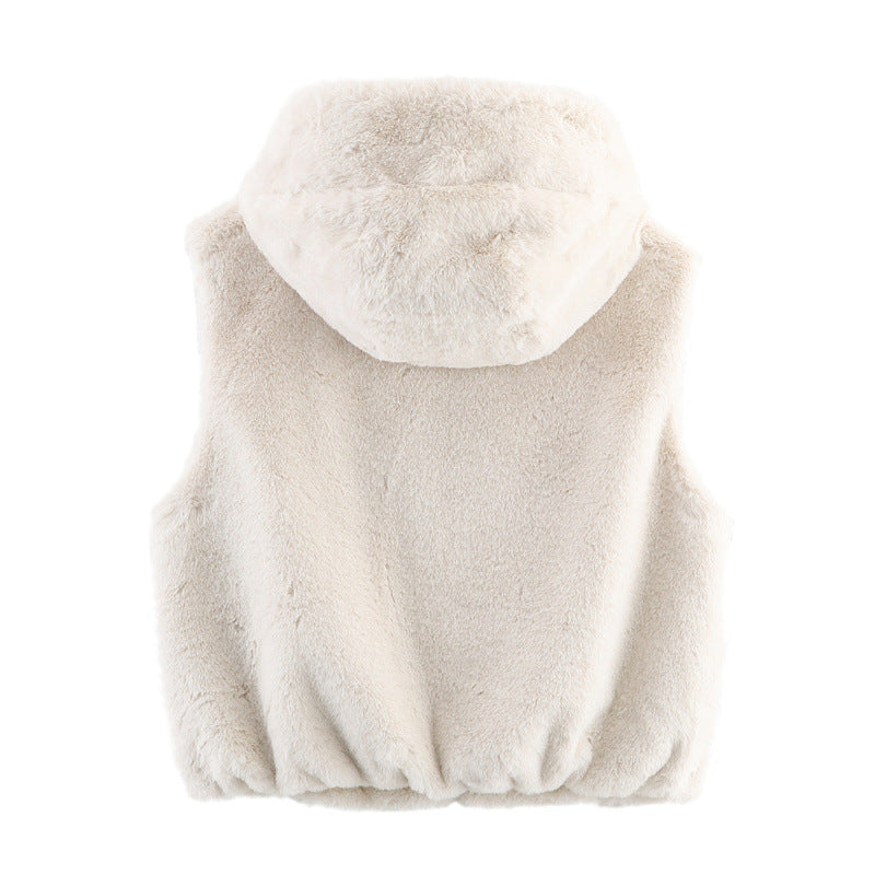 European And American Style Fashionable Hooded Faux Fur Effect Vest