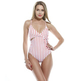 Women's One Piece Nautical Backless Pinstripe Swimsuit