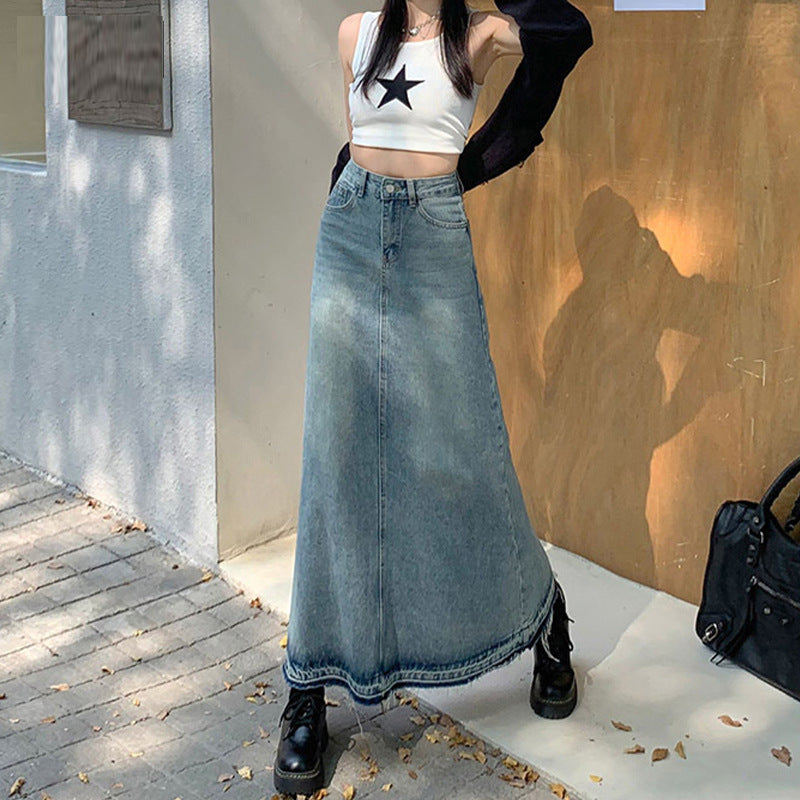 Women's Frayed Denim Skirt Retro Blue