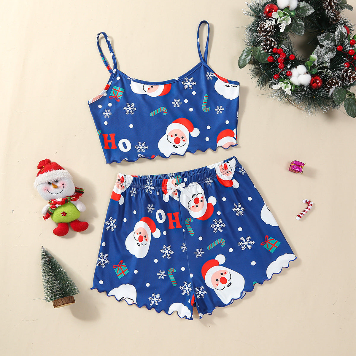 Women's Adorable Two Piece Christmas Pajama Crop Top and Shorts Set