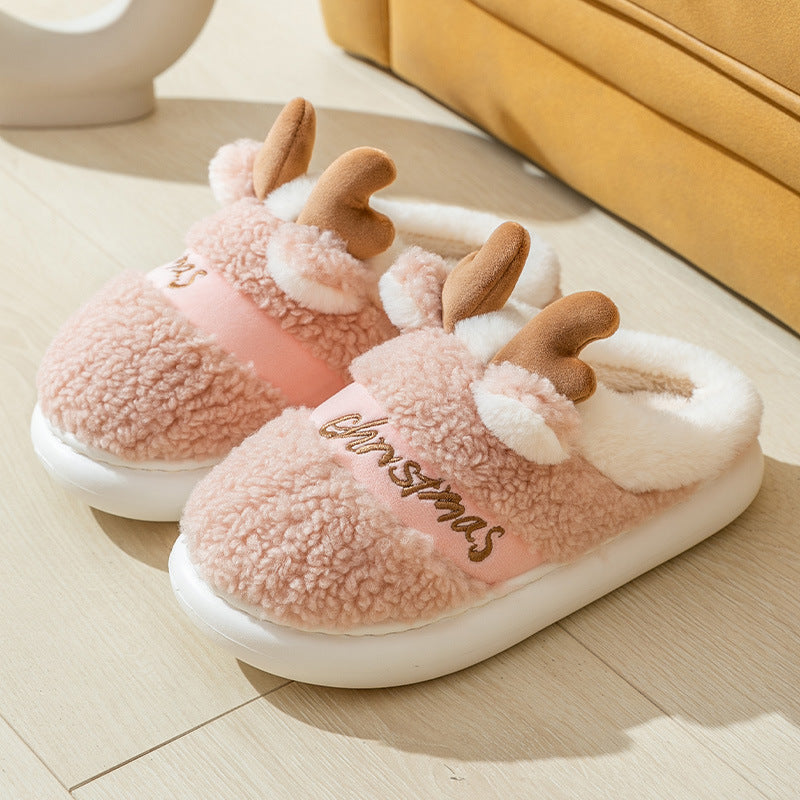 Cute and Whimsical 3D Reindeer Fleece Slippers with Traction