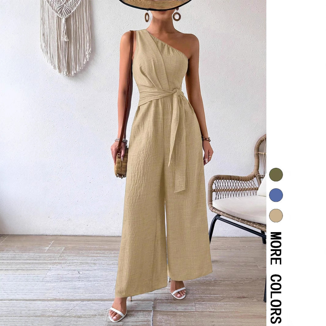 Women's Casual Wide-leg Jumpsuit With Shoulder Strap And Waist Tie
