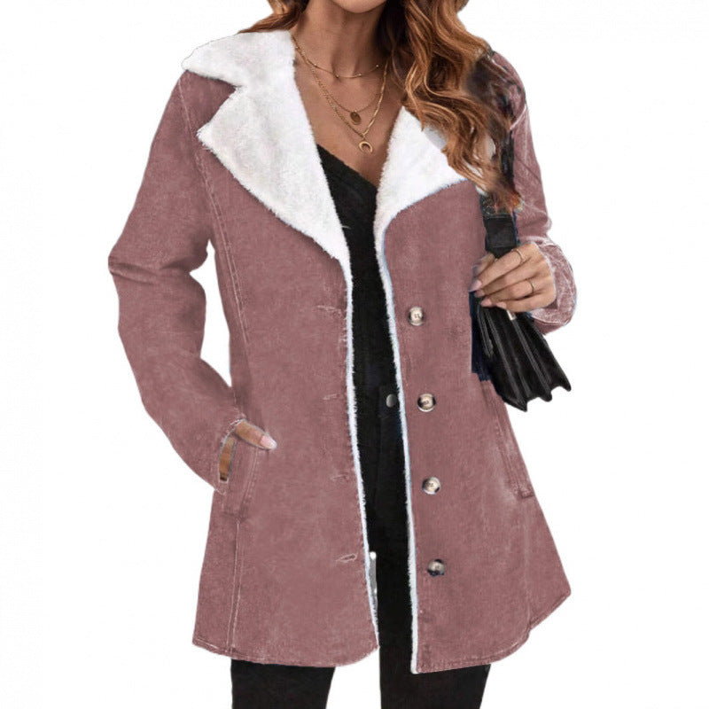Women's Solid Color Plush Lapel Mid-length Coat