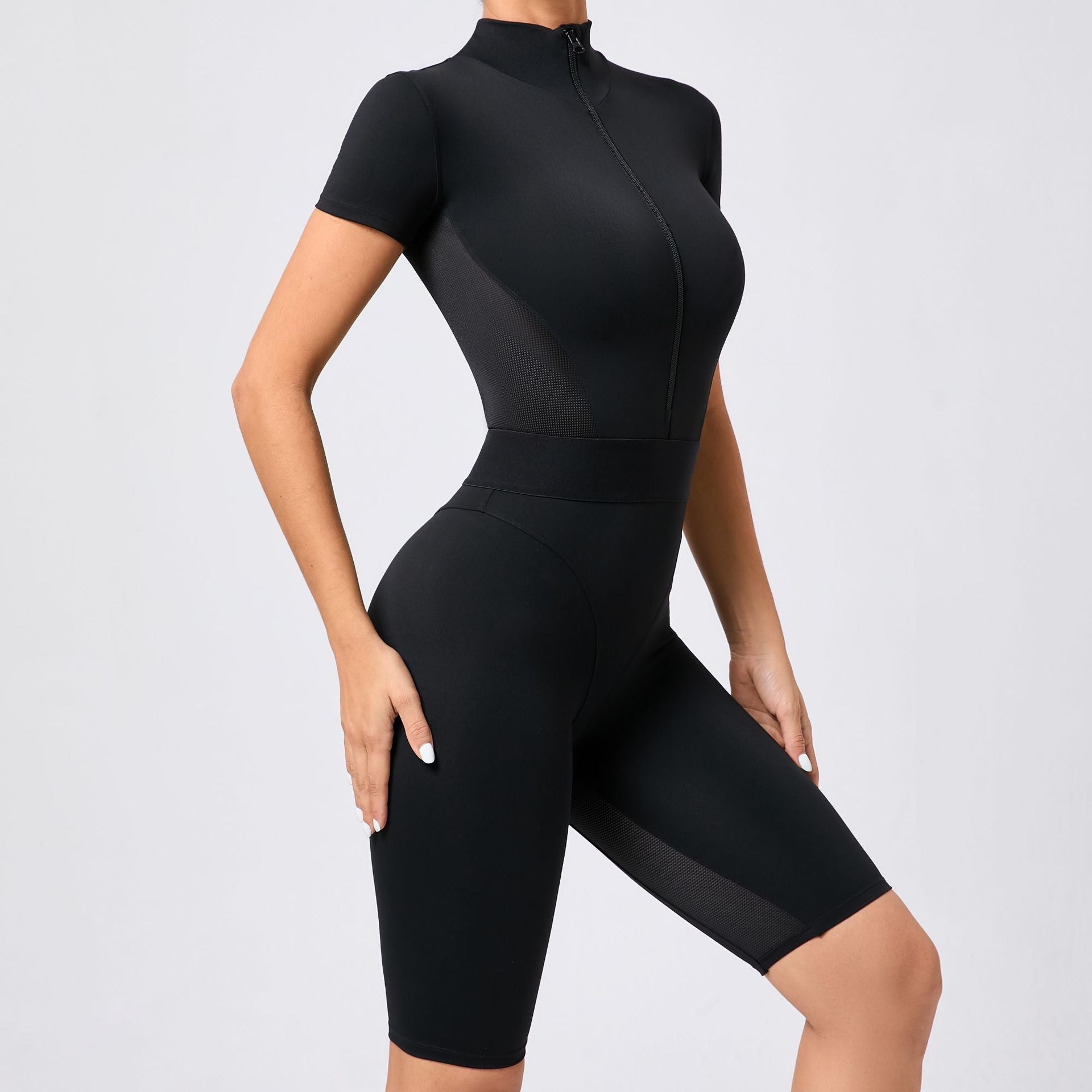 Tight Waist Open Collar Zipper Short Sleeve Yoga Jumpsuit Women