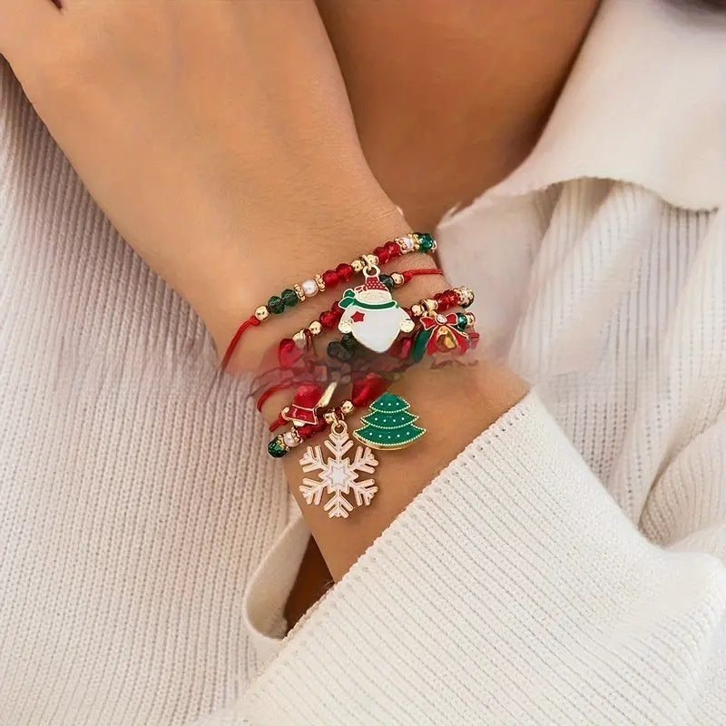 5-Piece Christmas Ribbon & Bead Bracelet Set With Tree, Bell, Snowflake, Wreath & Snowman-Theone Apparel