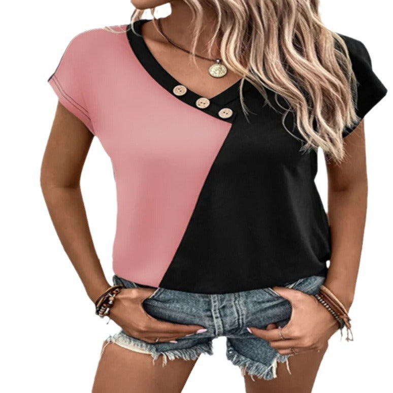 Women's Color-blocked Casual Short Sleeve Top