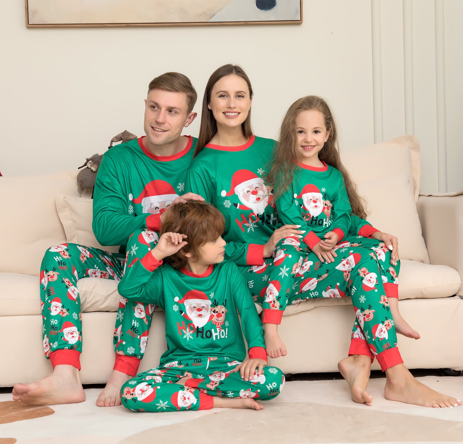 Ho Ho Ho Green and Red Matching Family Christmas Pajama Set