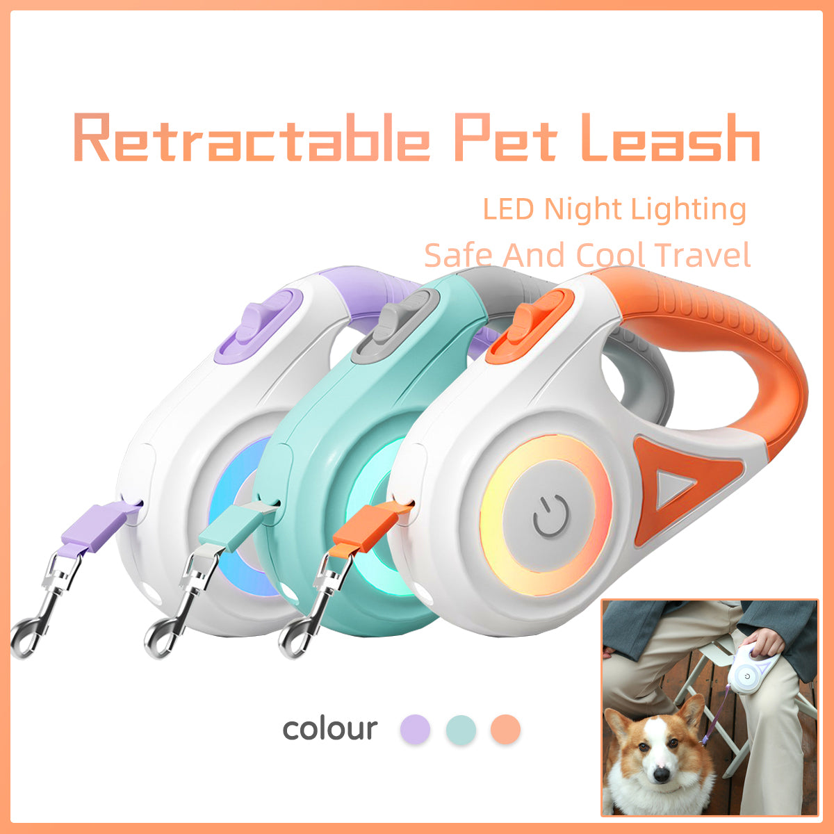 Retractable Dog Leash With Spotlight And Collar For Safety