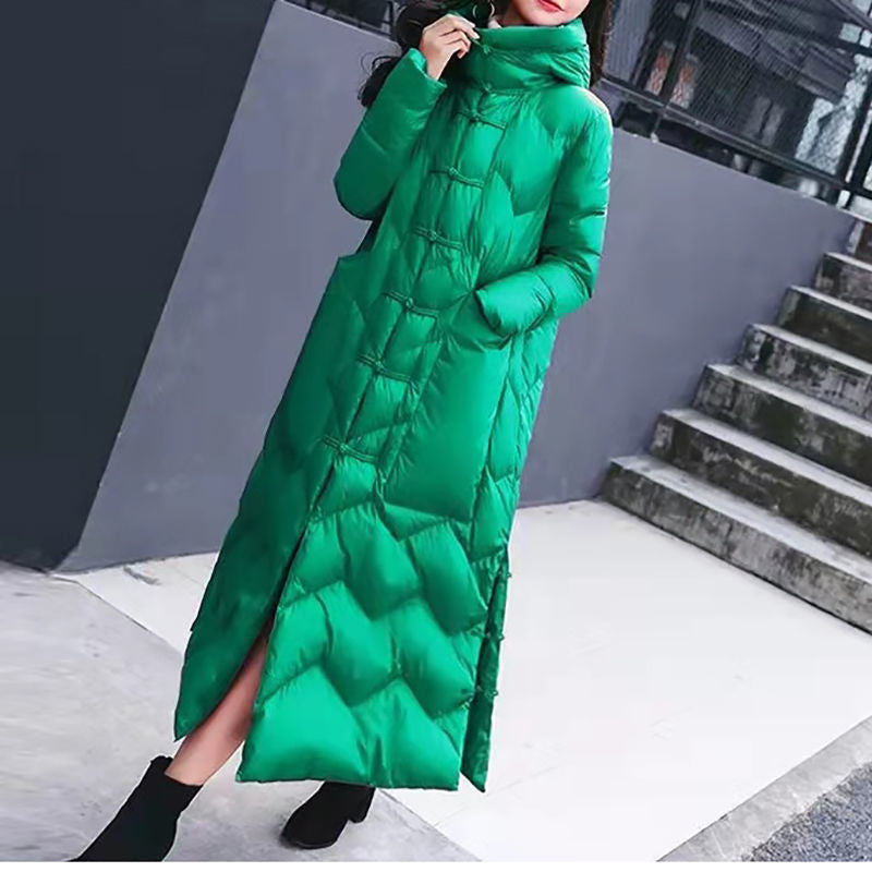Women's Retro Knee-Length Coat With Frog Button Duck Down