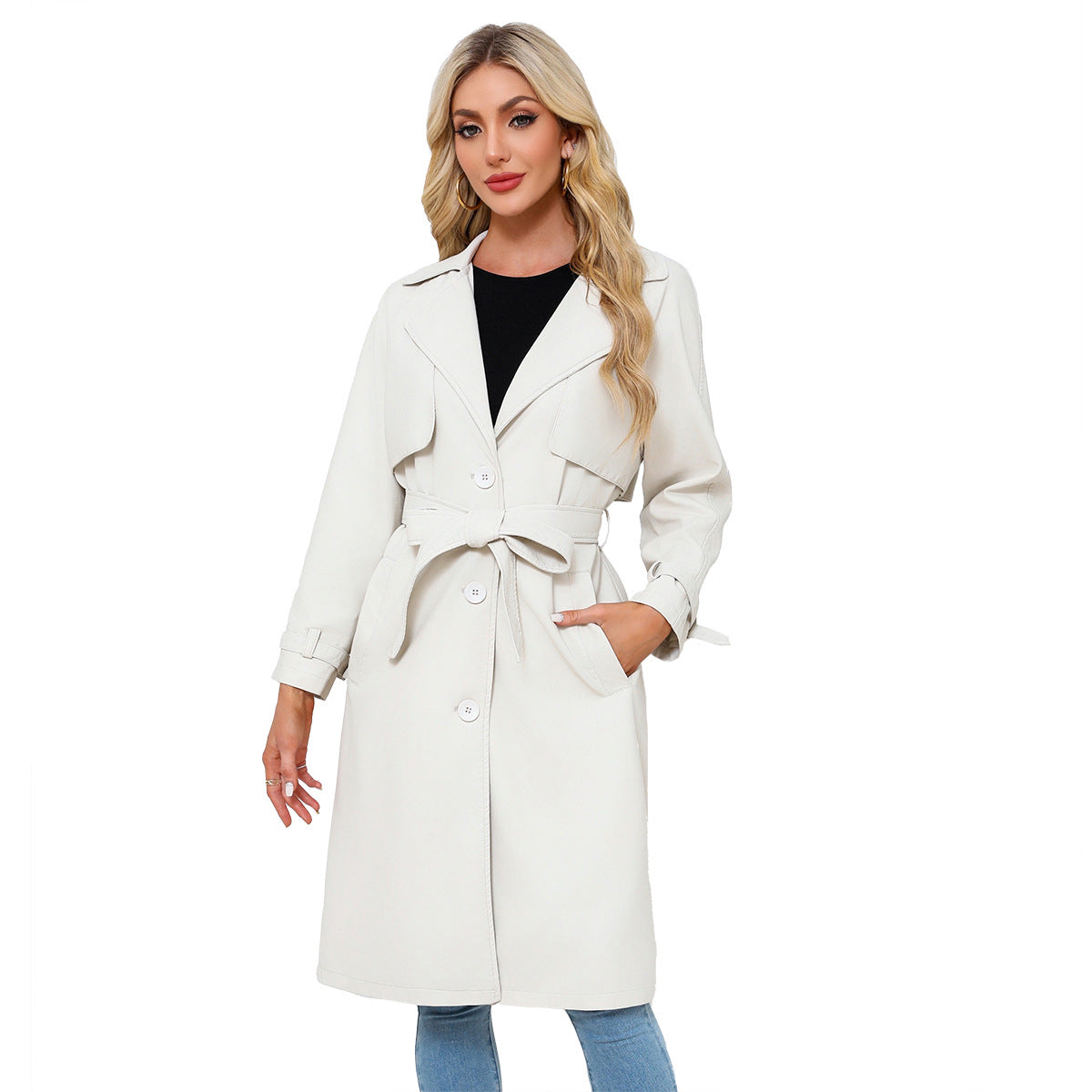 Long Loose Fit Trench Coat With Lapel And Belt