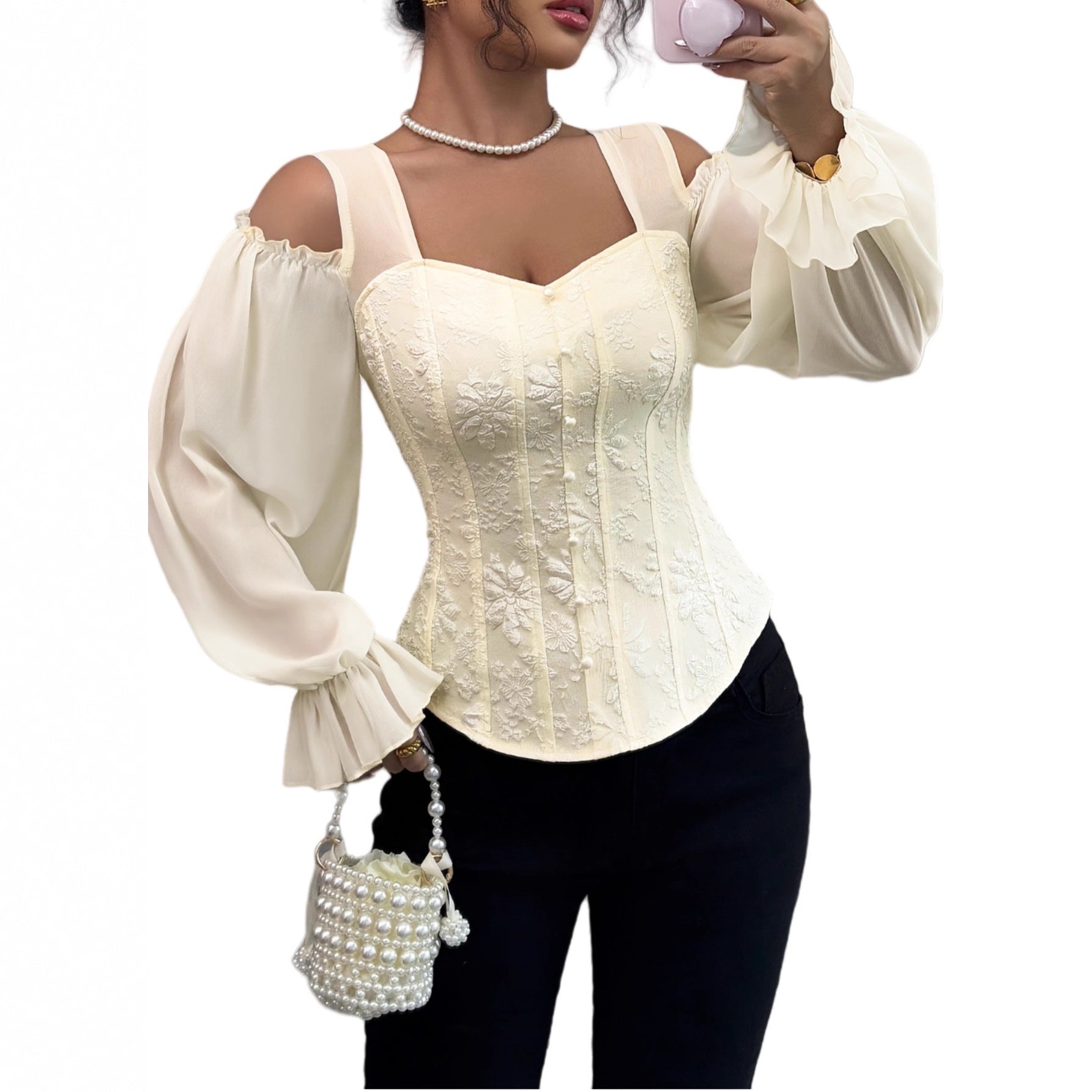 Elegant Off-Shoulder Floral Jacquard Blouse For Women